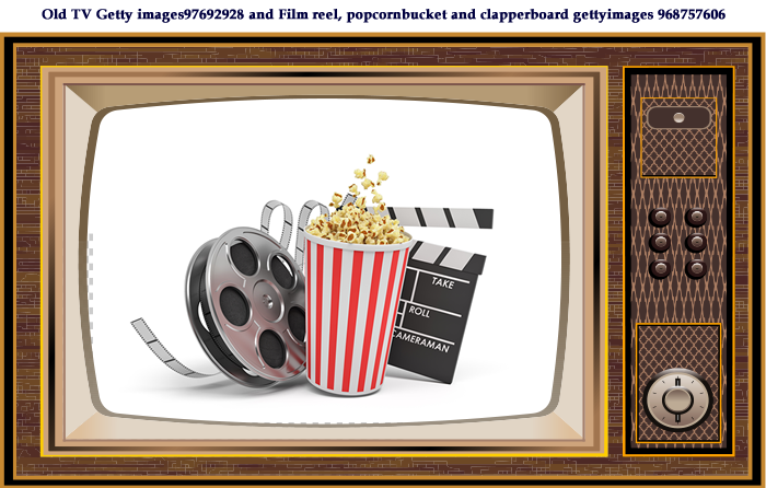 Old TV Getty images97692928 and Film reel, popcornbucket and clapperboard gettyimages 968757606